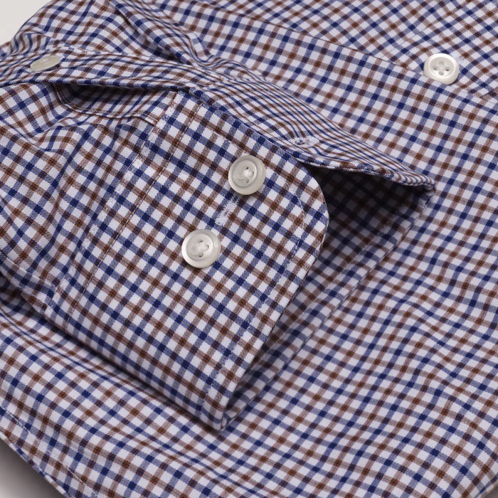 Cooper and Stewart Blue and Brown Check Tailored Fit Spread Collar 100% Cotton Non-Iron Shirt