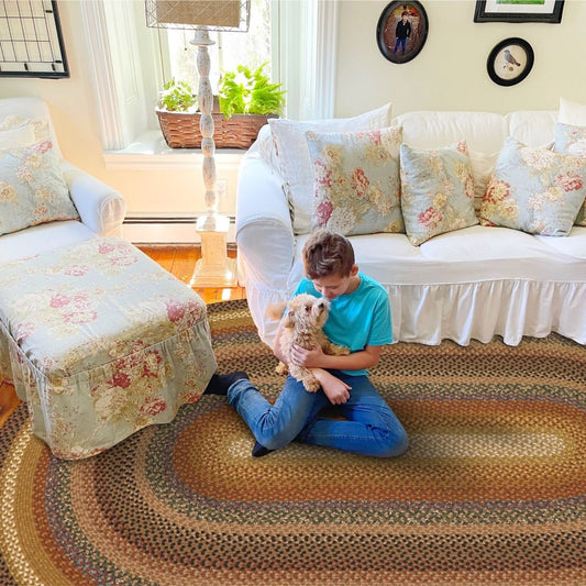 Sunflowers Blue - Gold Cotton Braided Oval Rugs –