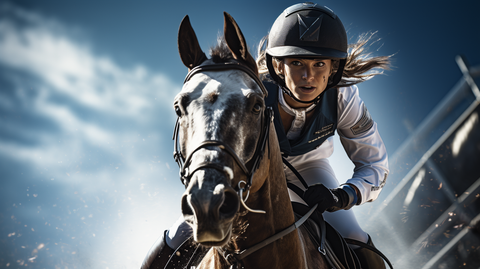 closeup of female rider on horse during a jump