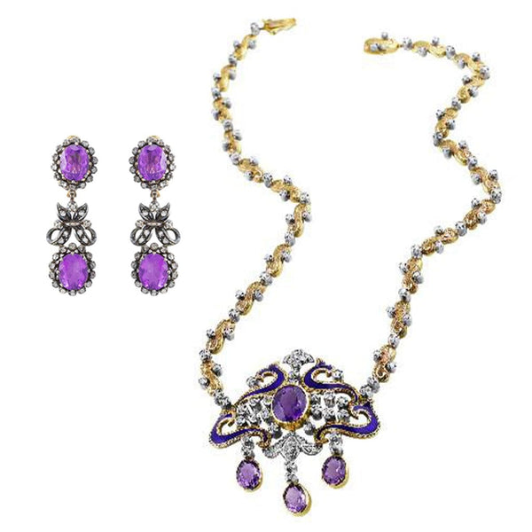 19k Gold and Silver Victorian Silver Diamond Amethyst Necklace & Earrings