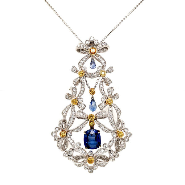 18kt White Gold Radiant Cut Blue Sapphire Diamond Necklace | Chris Correia Fine Jewelry