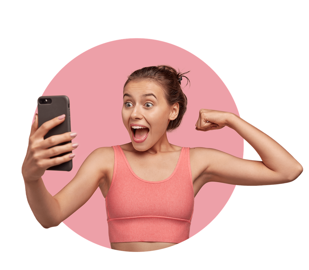 Lady with cellphone pulling bicep