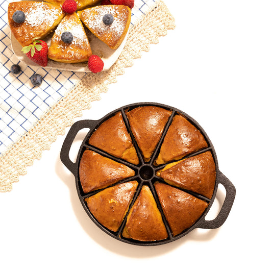 KUHA Cast Iron Aebleskiver Pan for Authentic Danish Stuffed Pancakes -  Complete with Bamboo Skewers, Silicone Handle and Oven Mitt