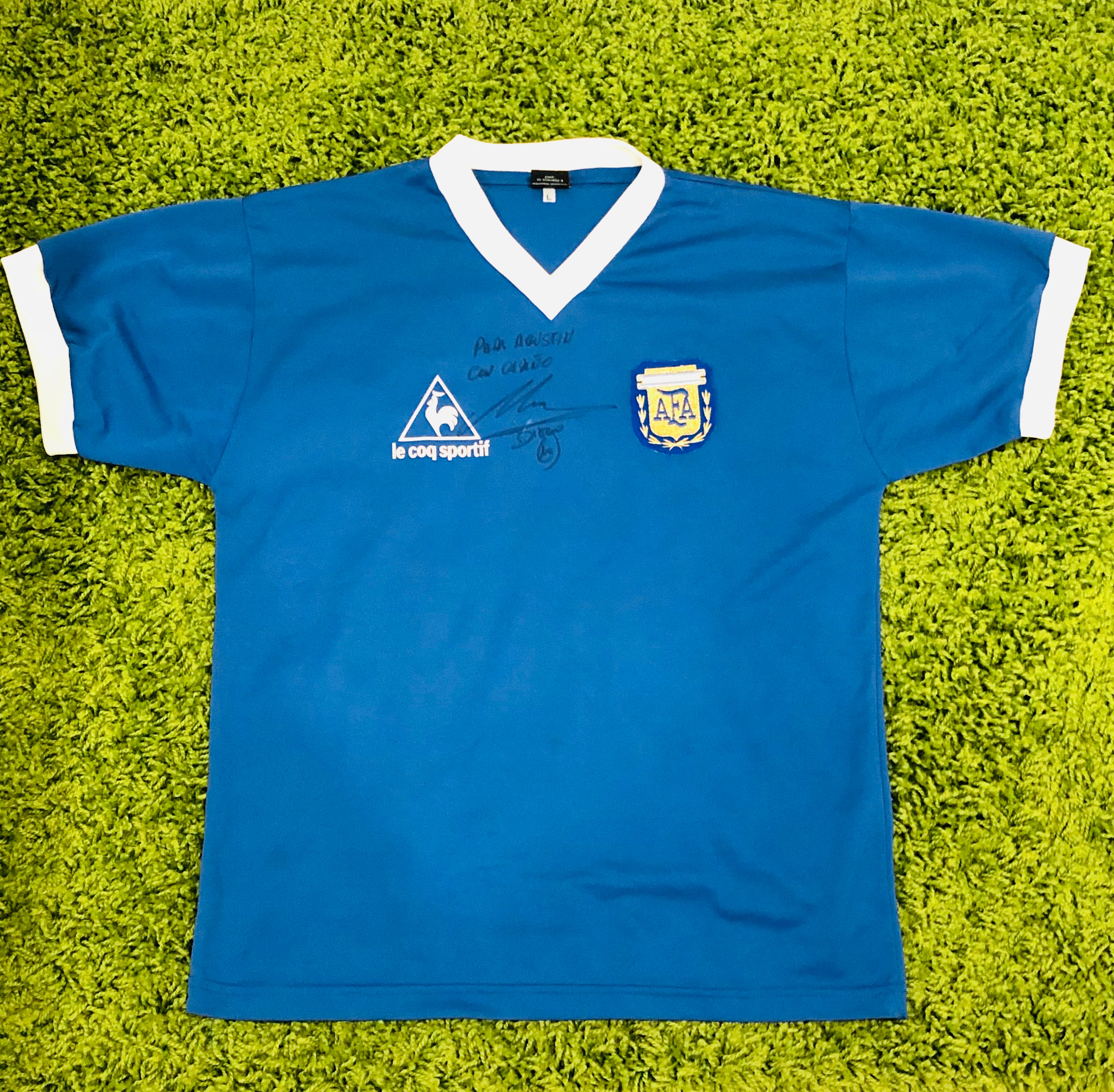 1986 World Cup Argentina Away Retro Soccer Jersey Replica - Authentic Sign by Maradona