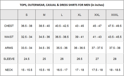 MEN SHIRT AND JACKET SIZE CHART