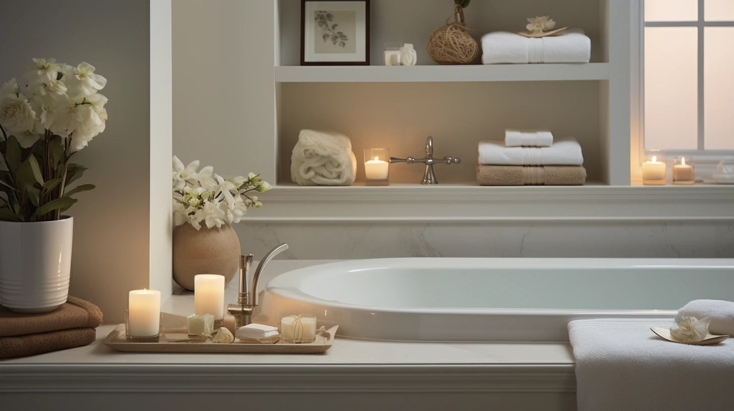 A bathroom with candles, towels, and a bathtub.