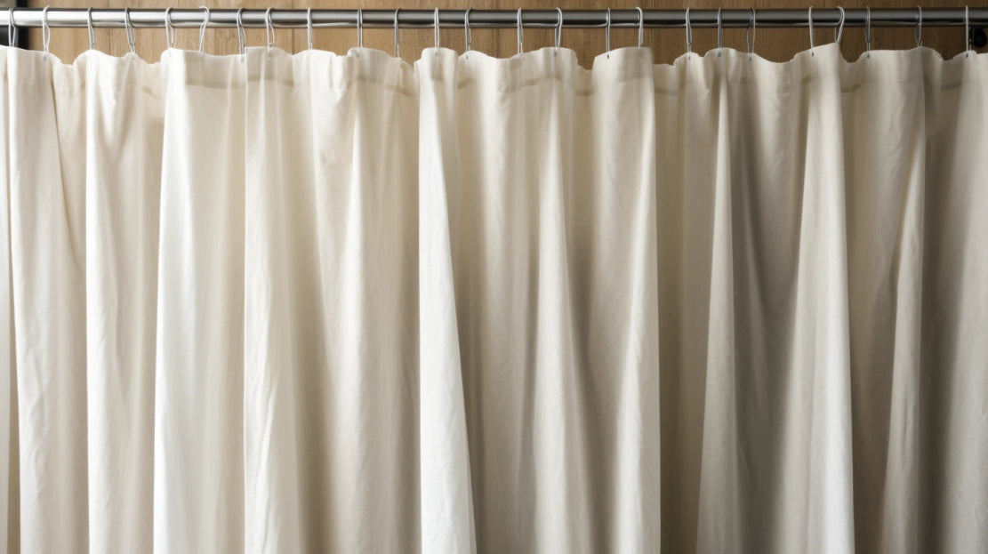 A white shower curtain hanging on a wooden rod, requiring no how to remove wrinkles from shower curtain without ironing.