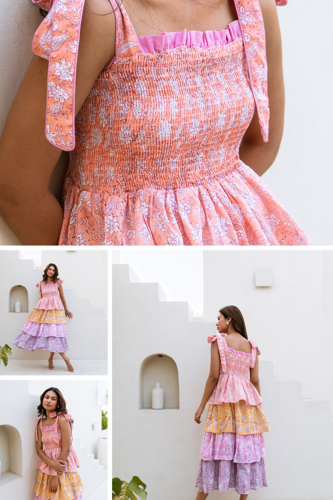 girl wearing a hand block printed summer dress with multiple tiers in pastel colours