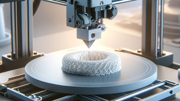 The image depicts a close-up view of a 3D printer in the process of printing an object. The printer has a metallic frame with a nozzle in the center that is extruding a white material to create a layered, intricate, circular object with a mesh-like structure. The platform on which the object is being printed appears to be circular and is possibly rotating or able to move to assist in the printing process. The environment is well-lit, indicating a controlled setting, likely for precision manufacturing or prototyping.