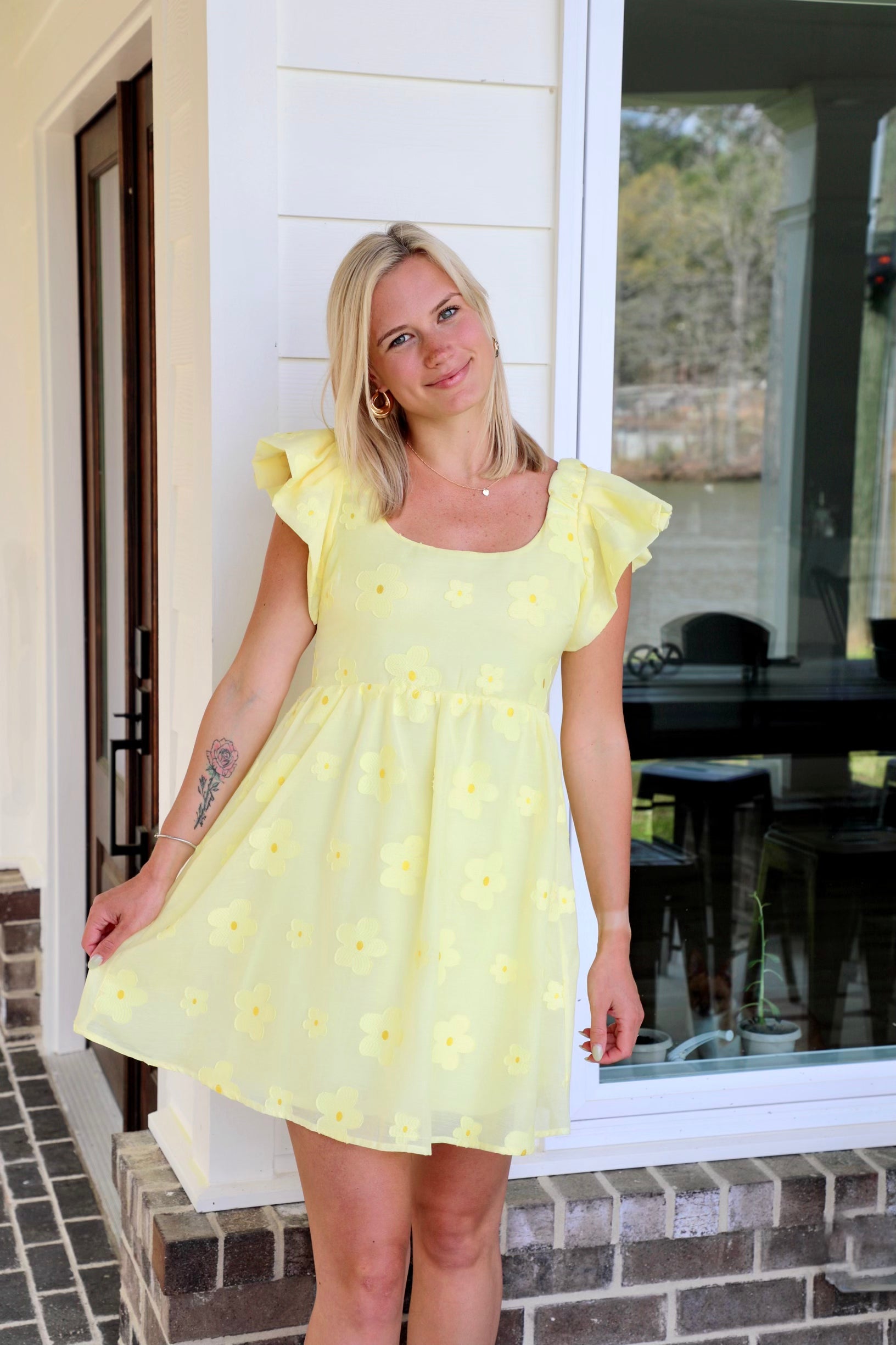 Flower Embroidered Sheer Organza Mini Dress