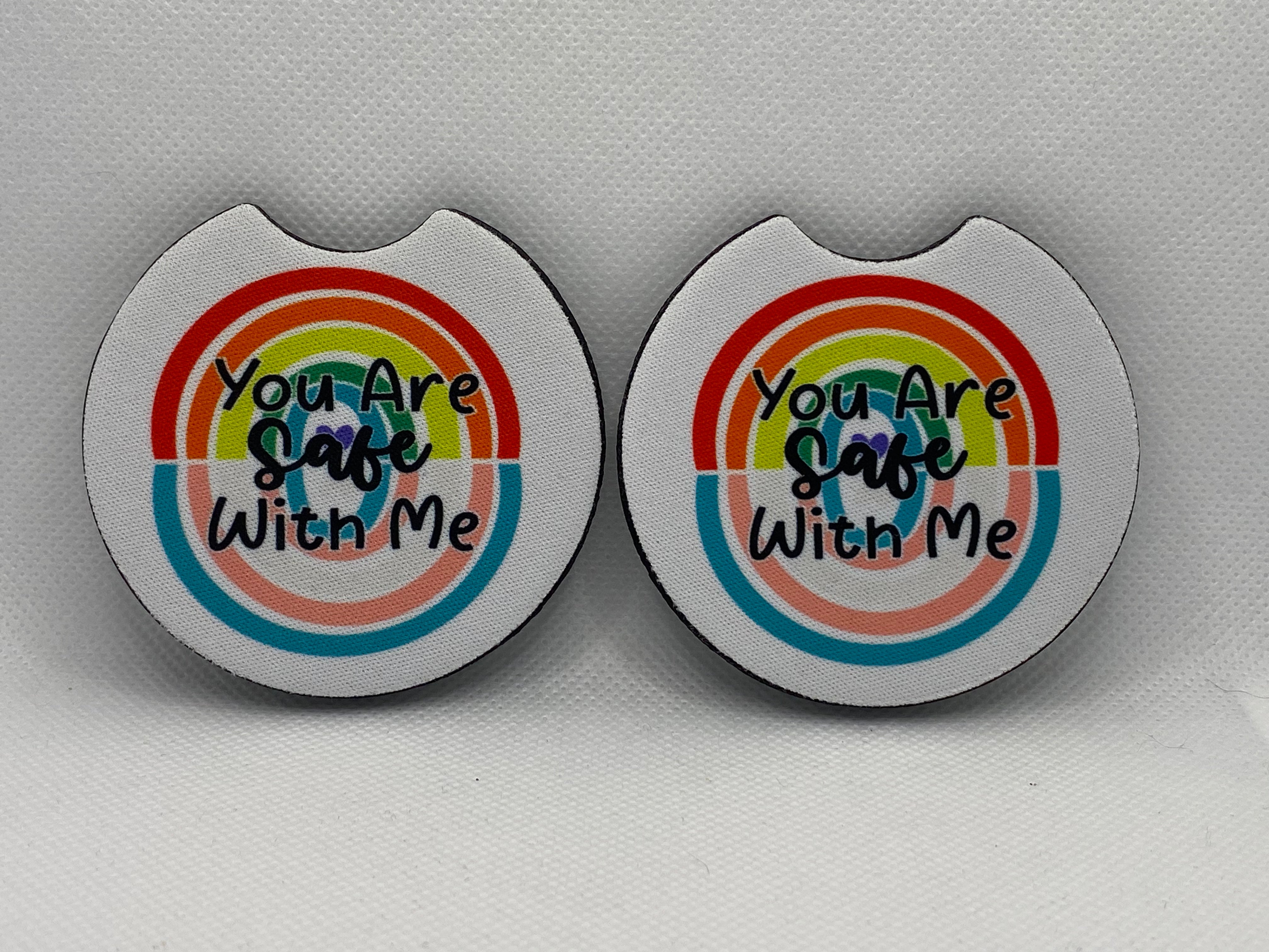 You Are Safe With Me Double Rainbow Car Coasters