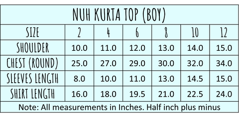 Nuh Kurta Boy Size Chart