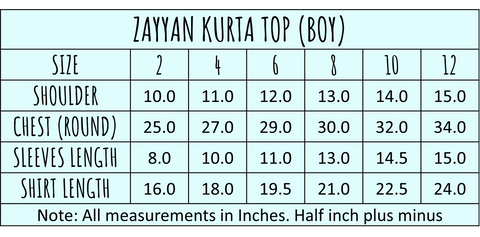Zayyan Kurta Boy Size Chart