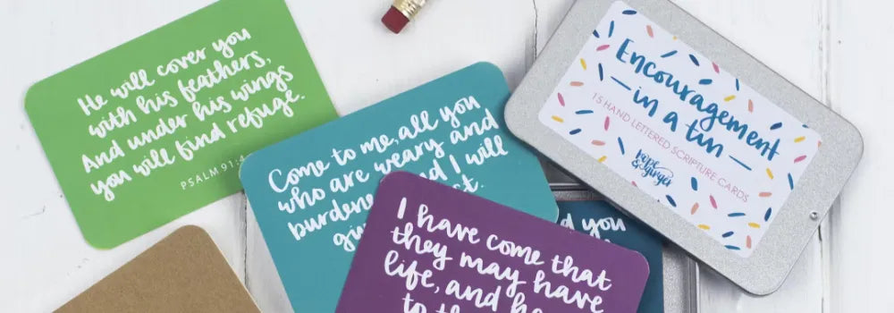 Christian Bible verse cards with handwritten Scriptures on cards.