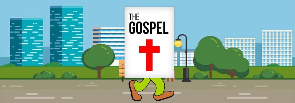 Une caricature de tract évangélique ambulant avec un tract évangélique sur les jambes, représentant des porteurs de T-shirts chrétiens.