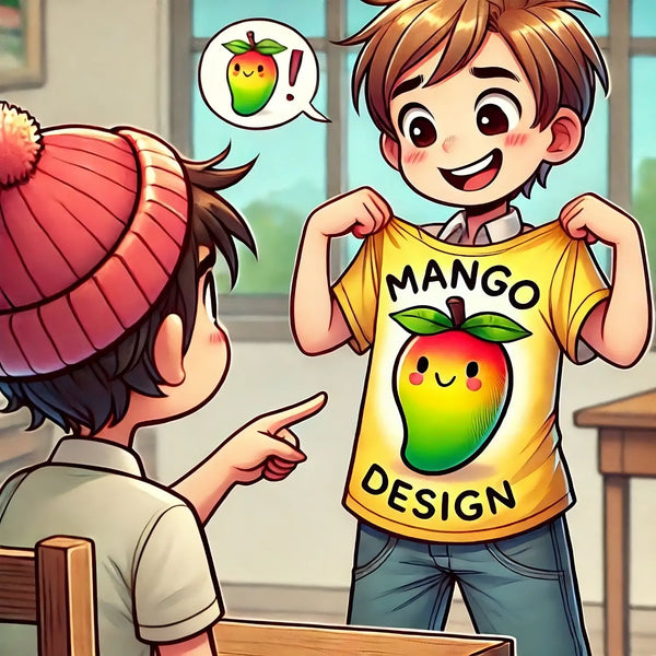 A cartoon graphic of a young boy wearing a T-shirt with a mango design.