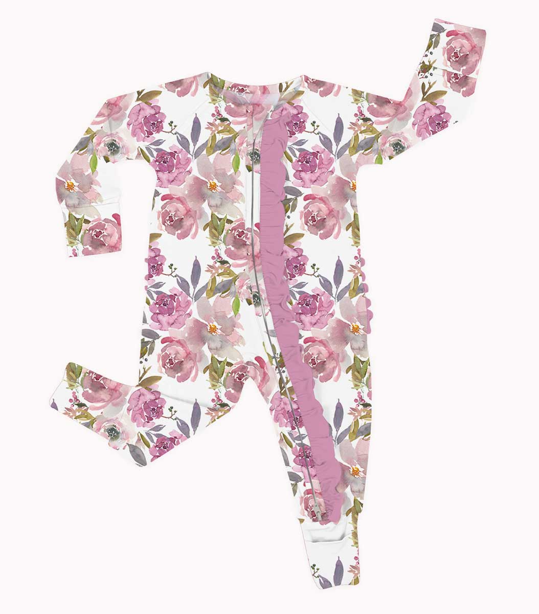 Spring Fever Violet Blossom - Bamboo Ruffle Zippy Romper