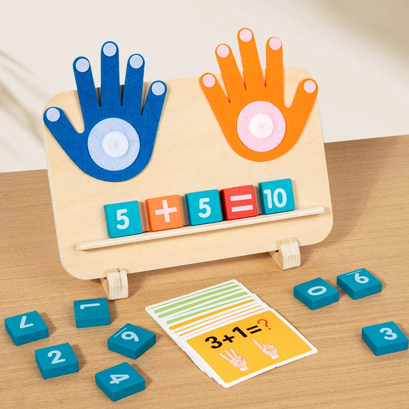Wooden Montessori finger counting math board with number blocks and cards