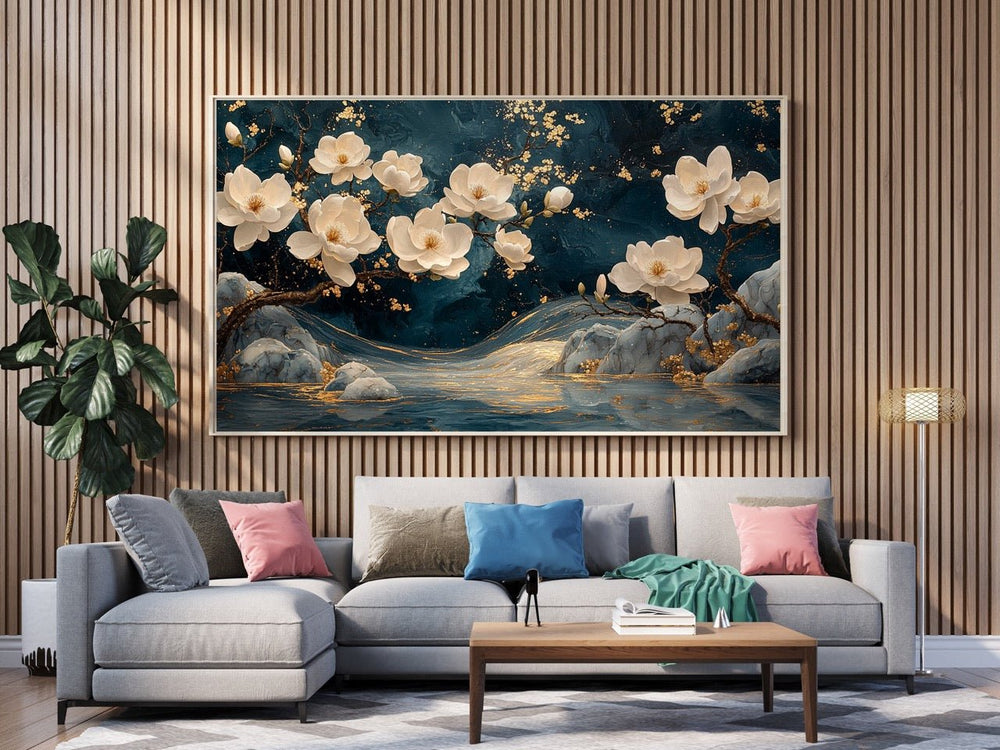 Tablou Canvas flori albe fine pe cer albastru senin | The Print Studio