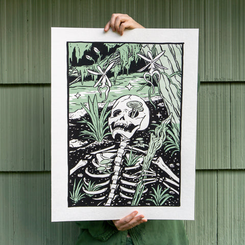 Death Screenprint showing a skeleton in the woods.