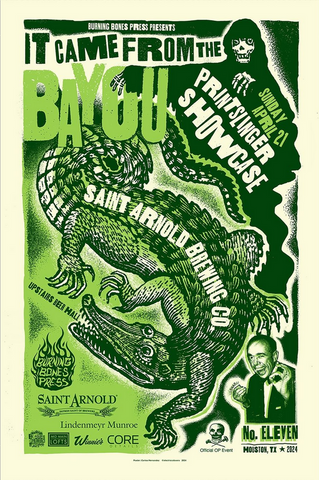 Poster for 2024's It Came From The Bayou with an alligator, the grim reaper, and a creepy dude! April 21st at Saint Arnold's.