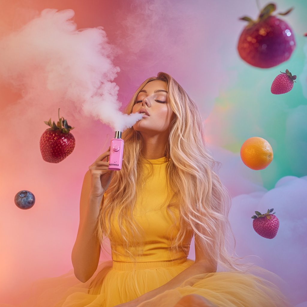 A young woman with long, wavy blonde hair is the central figure in this whimsical image. Her eyes are closed as she holds a small, bright pink and silver vaping device to her lips and exhales a large cloud of white vapor. She is wearing a bright yellow top and a voluminous, layered yellow skirt. Surrounding her are various floating fruits, including several strawberries, an orange, and blueberries. The background is a soft blend of pastel colors, predominantly pink and a light teal, with some cloud-like white formations near the bottom. The lighting is soft and diffused, contributing to the dreamy and surreal atmosphere of the scene.
