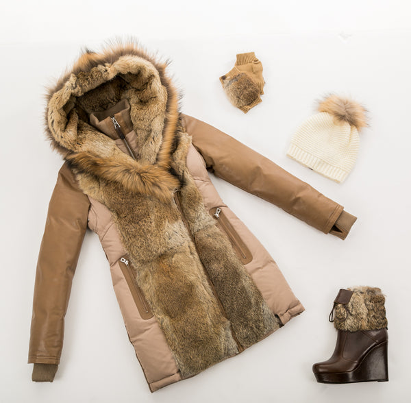 Arly Leather Sleeved Parka With Fur Trim, Rory Beanie, Aisha Fingerless Glove, Baime Ankle Boot