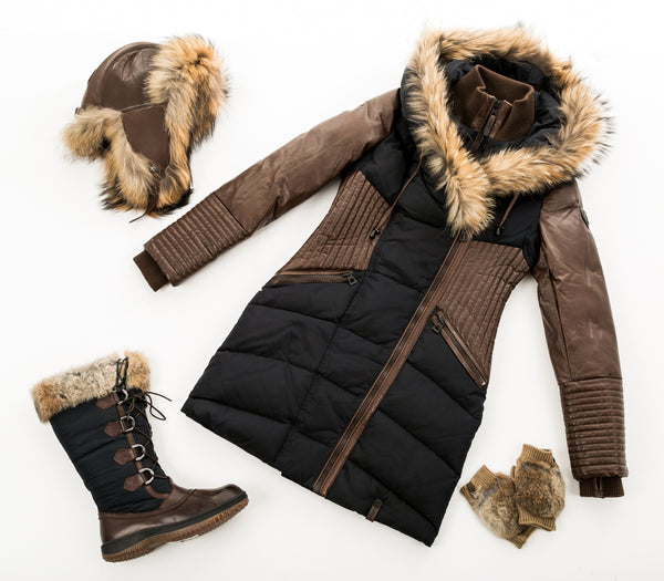 Shauna Leather Down Coat With Fur Trim, Kelvin Aviator Hat, Begonia Below-The-Knee Boot, Aisha Fingerless Gloves