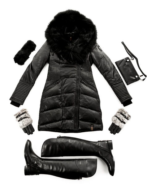 Sia Leather Down Coat With Fur Trim, Hazel Fur Headband, Naomi Gloves, Bandirma Over the Knee Boot, Hermine Leather Clutch