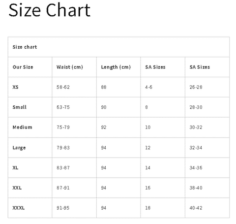 Melody Size Chart – Active Design Wear