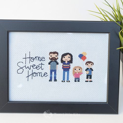 Cross-stitch finished piece: A family of 4 with the writing "Home Sweet Home"