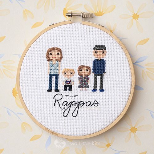 Cross-stitch finished piece: A family of 4 with the writing "The Rappas"