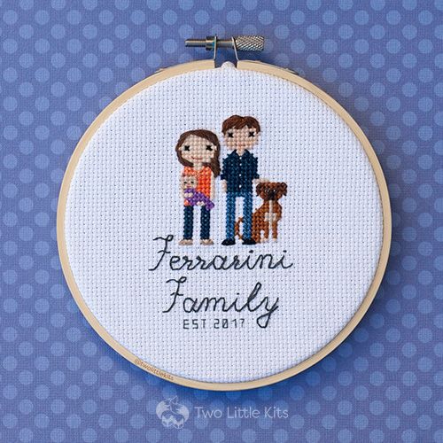 Cross-stitch finished piece: A new family of 4 (1 being a dog!) to commemorate their 2nd wedding anniversary