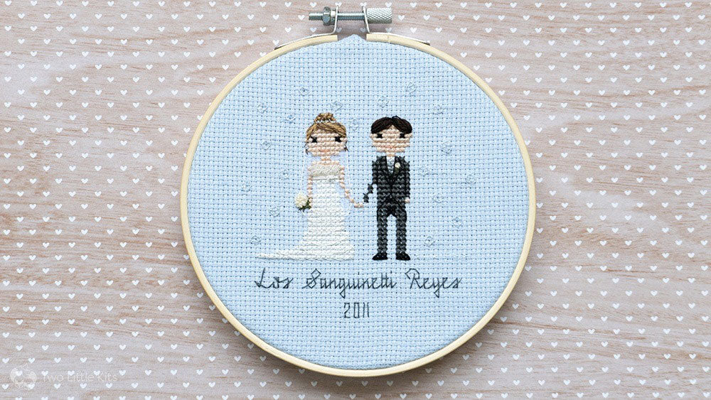 A cross-stitch stitch people portrait of a bride and groom