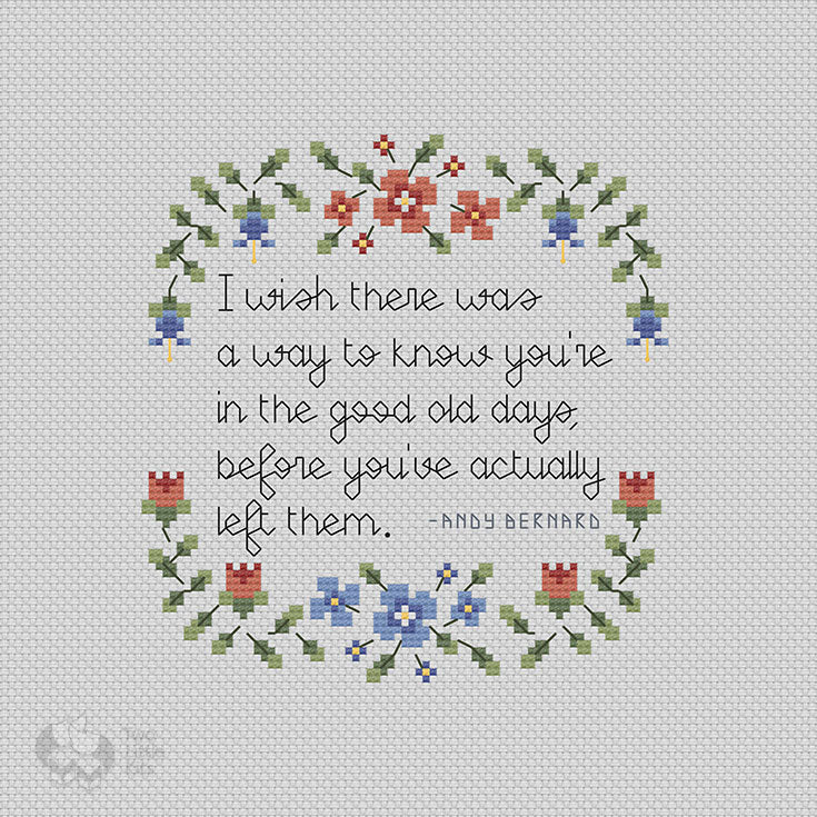 A digital representation of cross-stitch of a quote from the TV show, "The Office"
