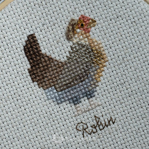 A cross-stitch chicken called "Robin" - it involves a lot of thread blending