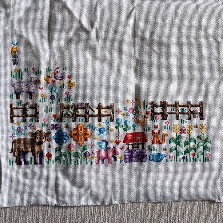 The updated work-in-progress of my Farming Magic stitch-along. This shows parts 1, 2 and 3 completed.