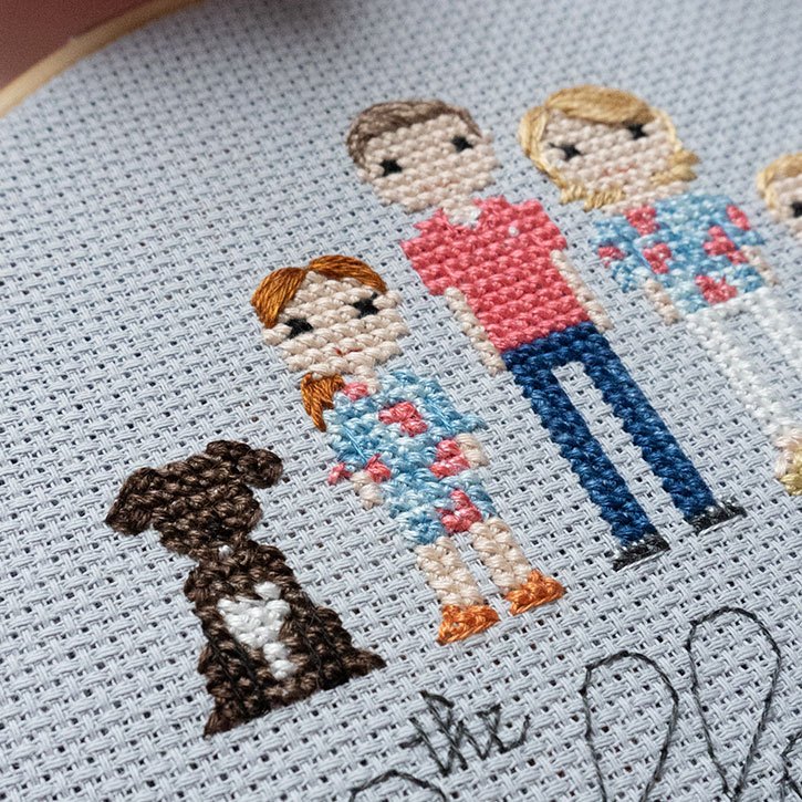 Close-up of a cross-stitch family