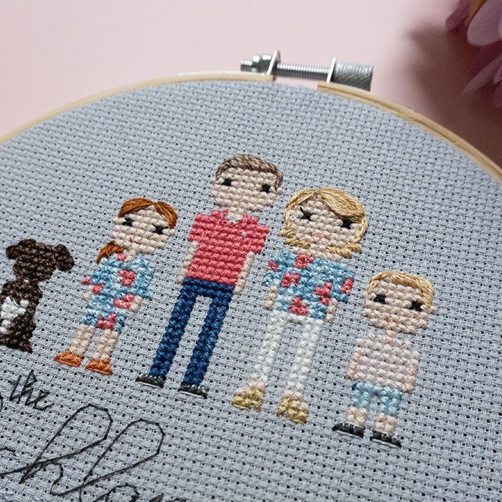 Close-up of a cross-stitch family