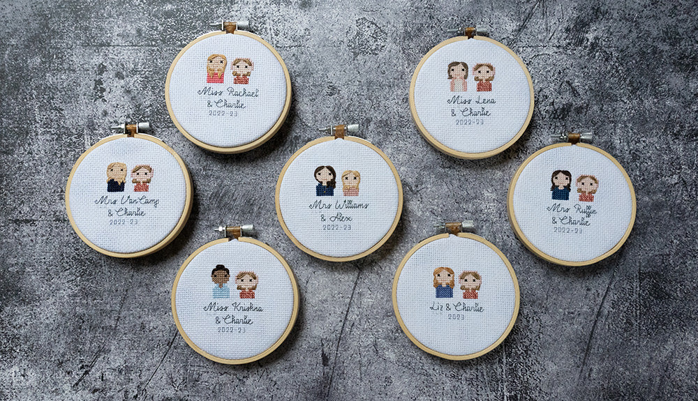 Seven 4" embroidery hooped stitch portrait pieces, each of which has 2 figures from the bust-up on them with lines of writing.