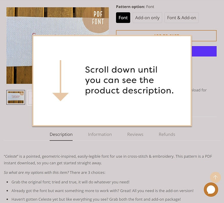 A screenshot that reads "Scroll down until  you can see the product description."