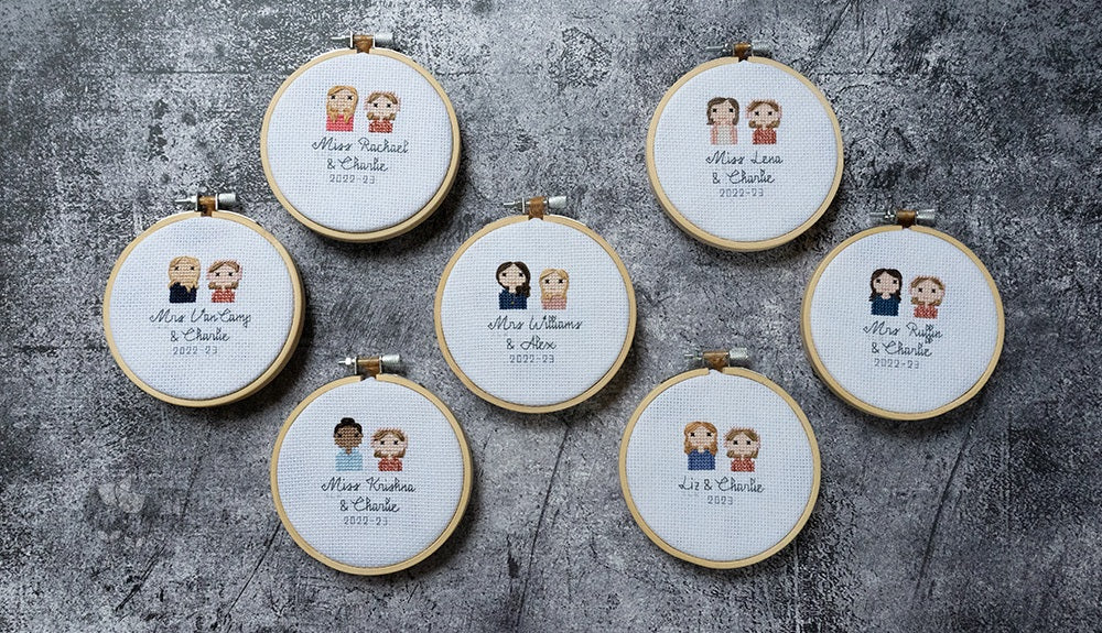 Seven 4" hoop sized stitch people portraits. All of them have 2 people and some writing.