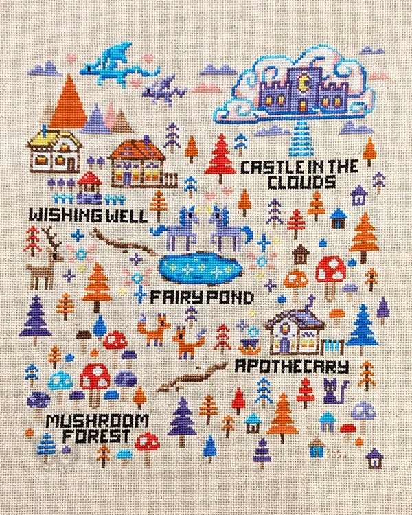 Full, completed cross-stitch of the pattern "Enchanted Forest Map"