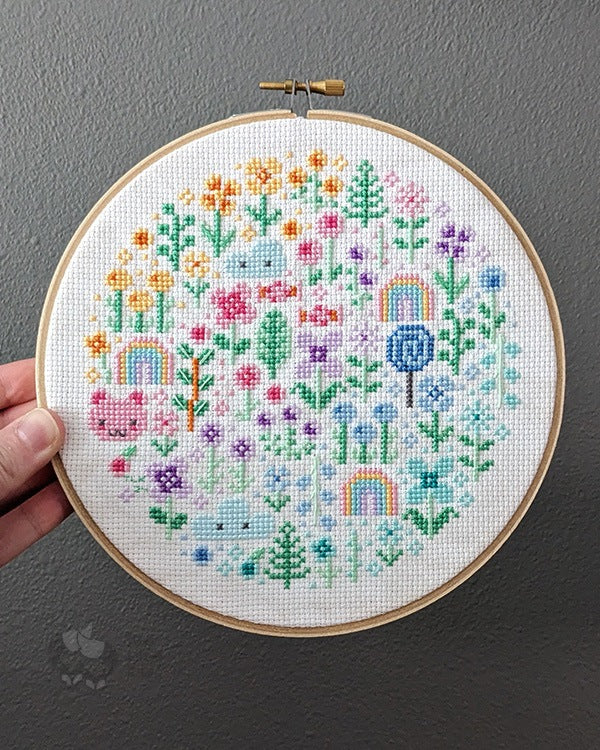 Full, completed cross-stitch of the pattern "Pastel Garden"