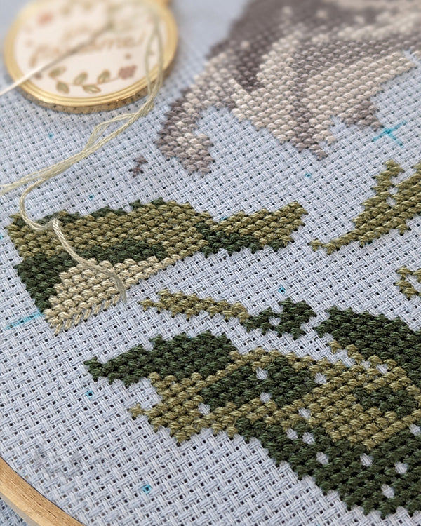 A cross-stitch work-in-progress where Kate is stitching the piece colour by colour.