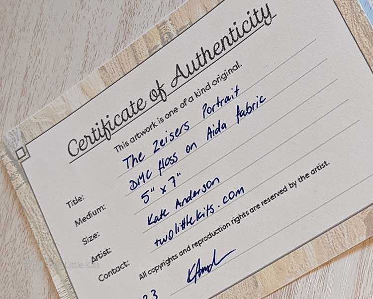 A filled-out Certificate of Authenticity