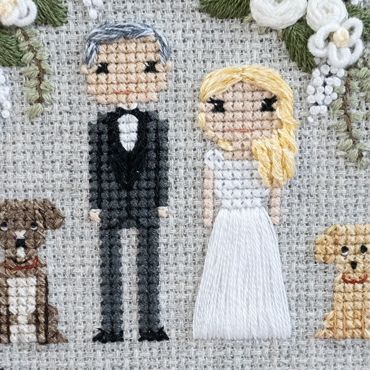 A cross-stitch piece depicting a man and a woman, dressed as a groom and bride [respectively]. The photo is up-close to the piece itself.