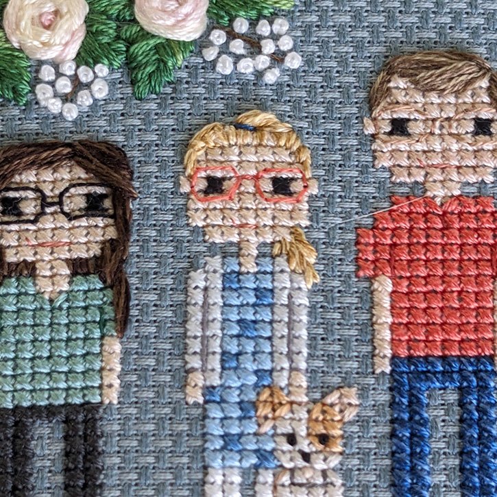 A close-up photograph of a family of three stitched people and one dog