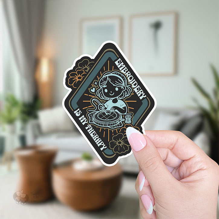 A mock-up photograph of a hand holding a sticker with the "My Therapy" design on it