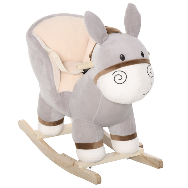 EASYCOMFORT Dondolo Giocattolo a Forma di Asino per Bambini 18-36 in Legno  di Pioppo e Peluche Grigio, Suoni Realistici